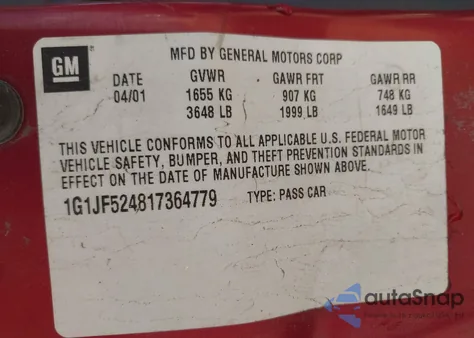 2001 Chevrolet Cavalier Ls z USA, uszkodzony, nr VIN 1G1JF524817364779